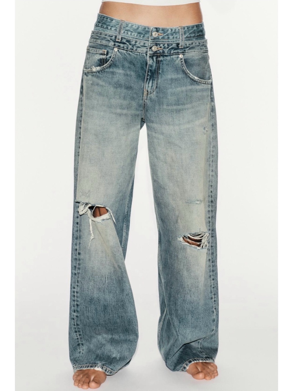 Zara Light Blue Distressed Wide-Leg Jeans